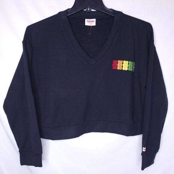 Haribo Sweatshirt Womens Large Black Cropped Fleece V Neck - Picture 1 of 11